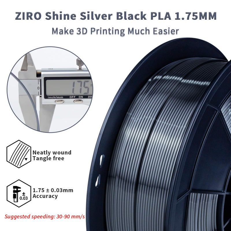 ZIRO 3D Printer Filament, Silky PLA Filament 1.75mm, Shining Silk 3D Printing Material, Dimensional Accuracy +/- 0.03mm, Fit Most Printers, Metal Glossy 1KG/2.2lb Spool, Silver Black - Image 3